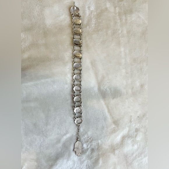 Green Glass Hamsa Hand of Fatima Silver Color  Bracelet - Picture 4 of 5